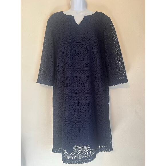 Chicos Dress Navy Blue Lace Overlay Sheath 3/4 Sleeve Notch V Neck Size 2 - Picture 1 of 13